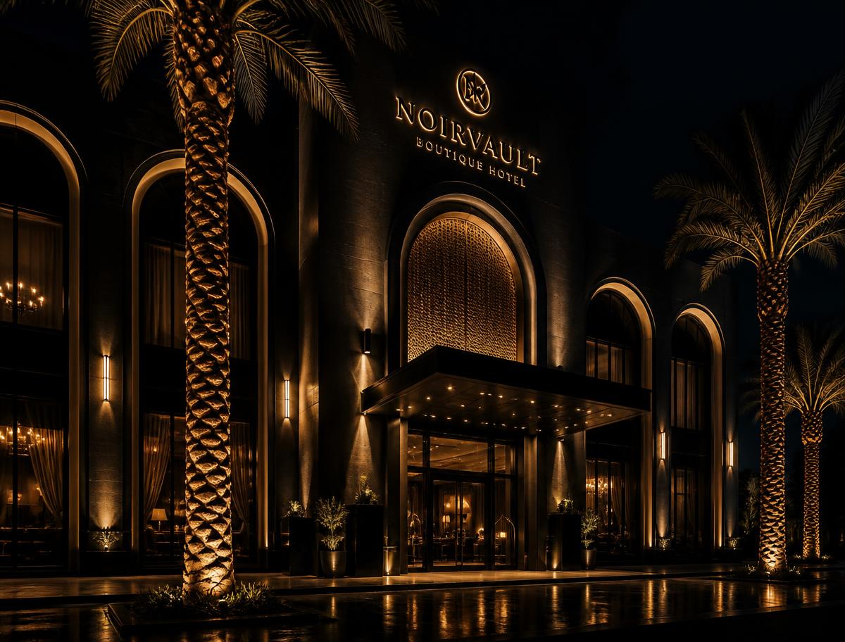 Luxury boutique hotel entrance illuminated at night
