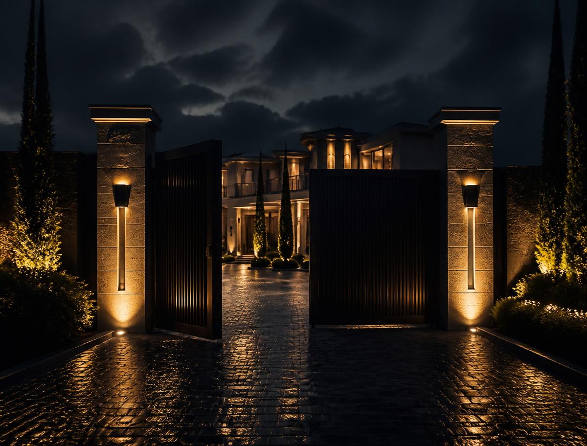 Gated private luxury estate lit at dusk